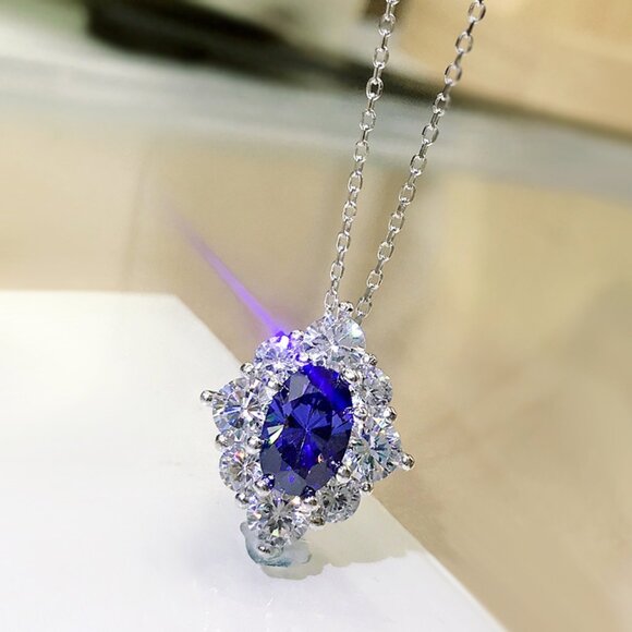 Shinny Blue Stone Jewelry Sliver Coating CZ Necklace for Women, HA4553 - Picture 2 of 5
